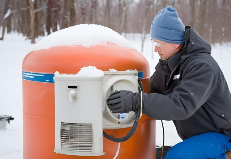 A man maintaining a propane tank in the winter snow, ensuring the propane tank stays safe and functional.