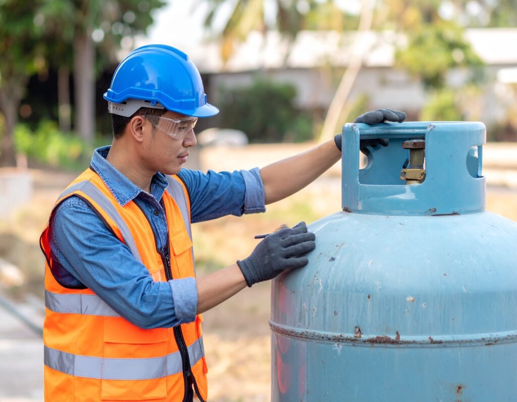 A propane delivery driver performs a maintenance check on a large propane tank, illustrating real-world support of propane for farms, propane-powered equipment, and propane delivery and storage.