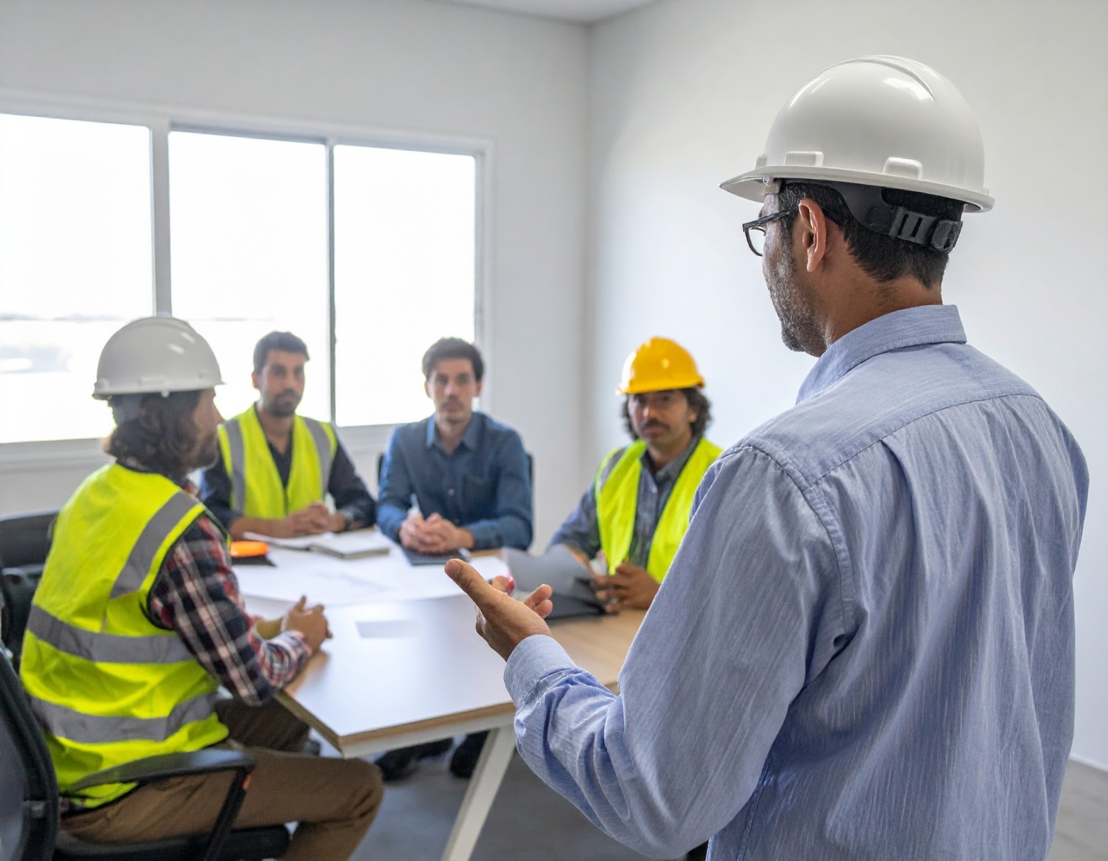 Employees gather to conduct a Job Safety Analysis (JSA) on a construction site, highlighting the role of off-road fueling strategies, mobile fuel delivery, and on-site equipment diesel service in maintaining safe and efficient job site operations.
