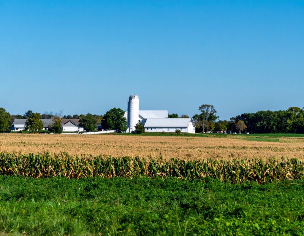 A farm property with a large silo in the background, representing agricultural operations supported by propane for farms, propane-powered equipment, and propane delivery and storage.
