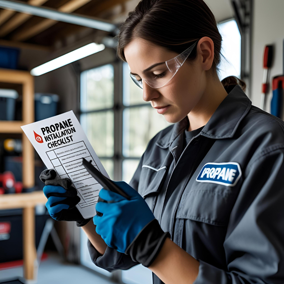 A technician stands next to a home, reviewing a checklist before beginning a propane tank installation. This step is essential for safe underground propane tank installation, and is typically handled by a licensed Central PA propane provider.