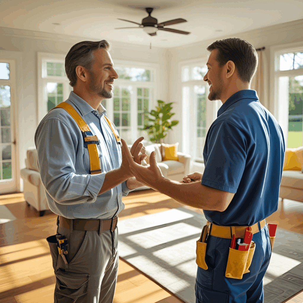 A homeowner stands outside their house, discussing propane tank options with a technician from a trusted Central PA propane provider, ensuring proper installation and service.