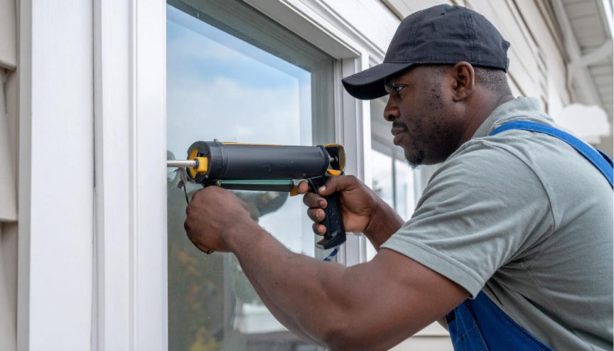 A propane technician inspecting the windows of a Pennsylvania home, representing how propane service providers help manage propane costs and propane usage efficiently.