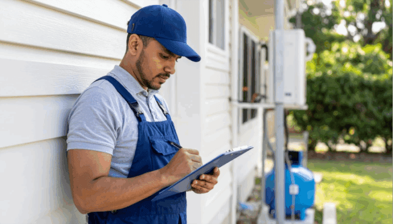A technician reviews his checklist after completing an underground propane tank installation, ensuring all safety and installation steps are properly followed.