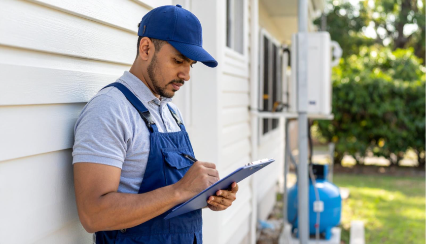 A technician reviews his checklist after completing an underground propane tank installation, ensuring all safety and installation steps are properly followed.