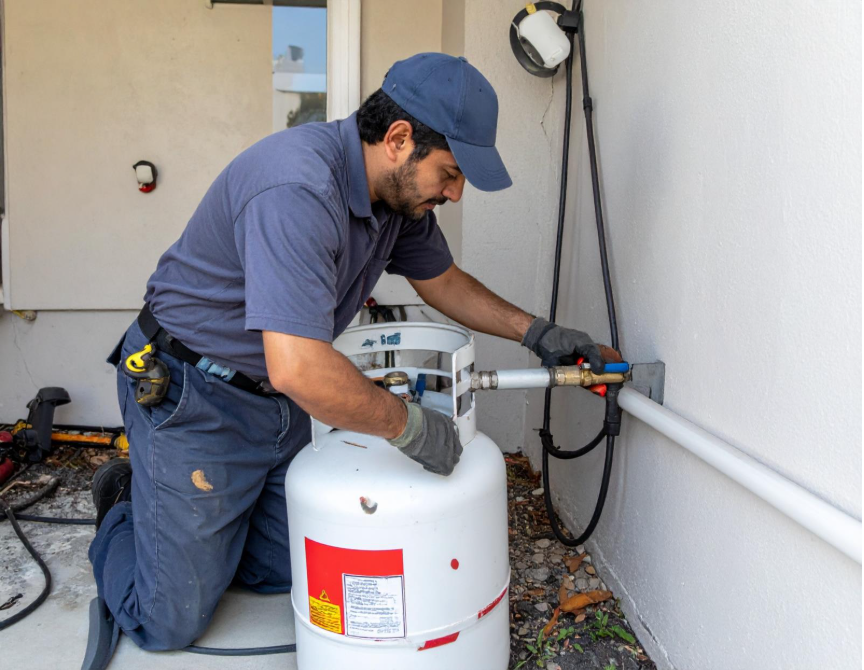 A technician is safely installing a propane tank on the side of a home, ensuring all proper safety steps are followed during the propane tank installation process in Central Pennsylvania.