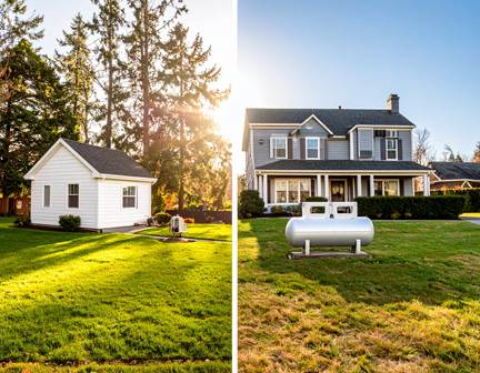 ide-by-side view showing a property before and after of propane installation, highlighting the new propane tank and improved energy setup.