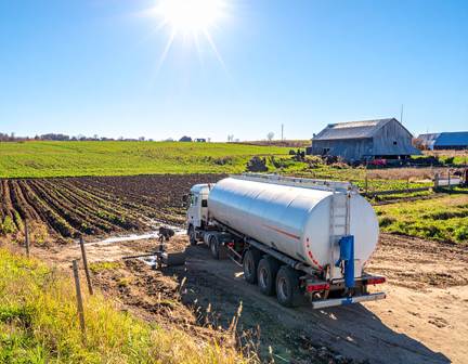 A large diesel fuel truck delivering off-road diesel in Lancaster, PA to a farm, supported by reliable bulk fuel delivery of dyed diesel.
