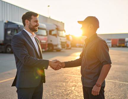 A businessman shaking hands with an oil delivery driver in Lancaster, PA, confirming a bulk fuel delivery of off-road diesel and compliant dyed diesel services.
