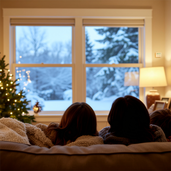 Two people relaxing on the couch, staying warm inside their home with a propane heating system during winter.