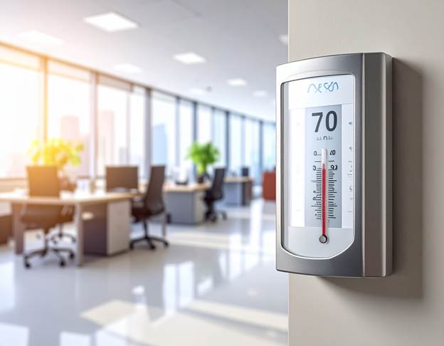 Thermostat showing 70 degrees in a commercial office building operated by Chester County businesses.
