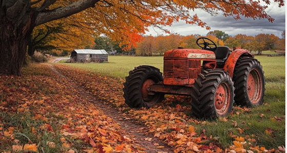 Old farm equipment under a tree in fall, highlighting the need for proper winter diesel equipment prep.