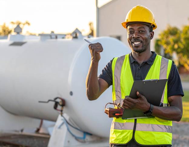 Professional reviewing a checklist after installing a new commercial propane tank, demonstrating fall propane maintenance best practices.