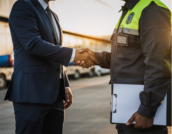 Business Owner Receiving Commercial Propane Heating Delivery - Central Penn Propane Business owner shaking hands with a propane delivery driver beside a commercial propane tank, demonstrating reliable commercial propane heating for energy-efficient and cost-effective business operations.