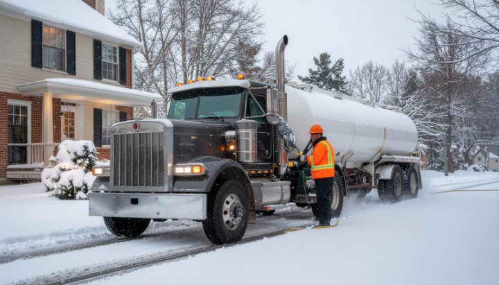 A professional fuel delivery driver preparing to provide residential diesel delivery to a home in Lancaster, PA. The technician ensures safe and timely emergency residential diesel delivery during winter.
